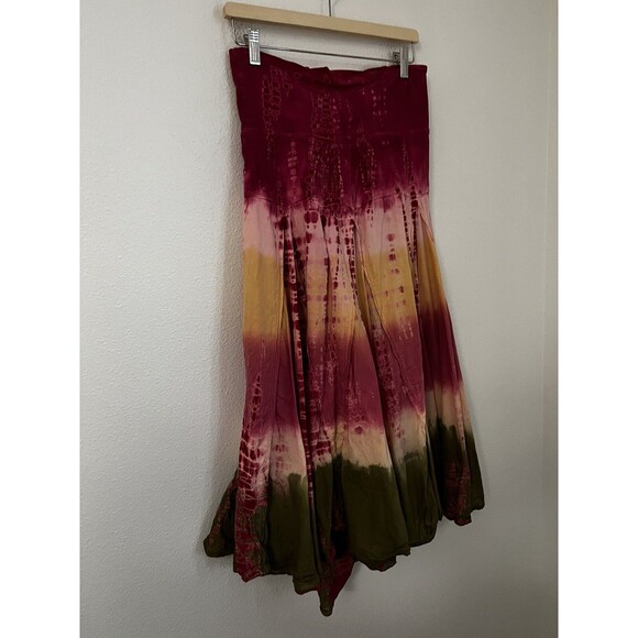 Solitaire Tie Due Maxi Skirt Flowy Pink Green  Boho Hippie Comfort Waist Size L - Picture 2 of 8